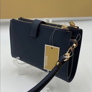 Michael Kors Navy Saffiano Leather Wristlet with Gold Hardware